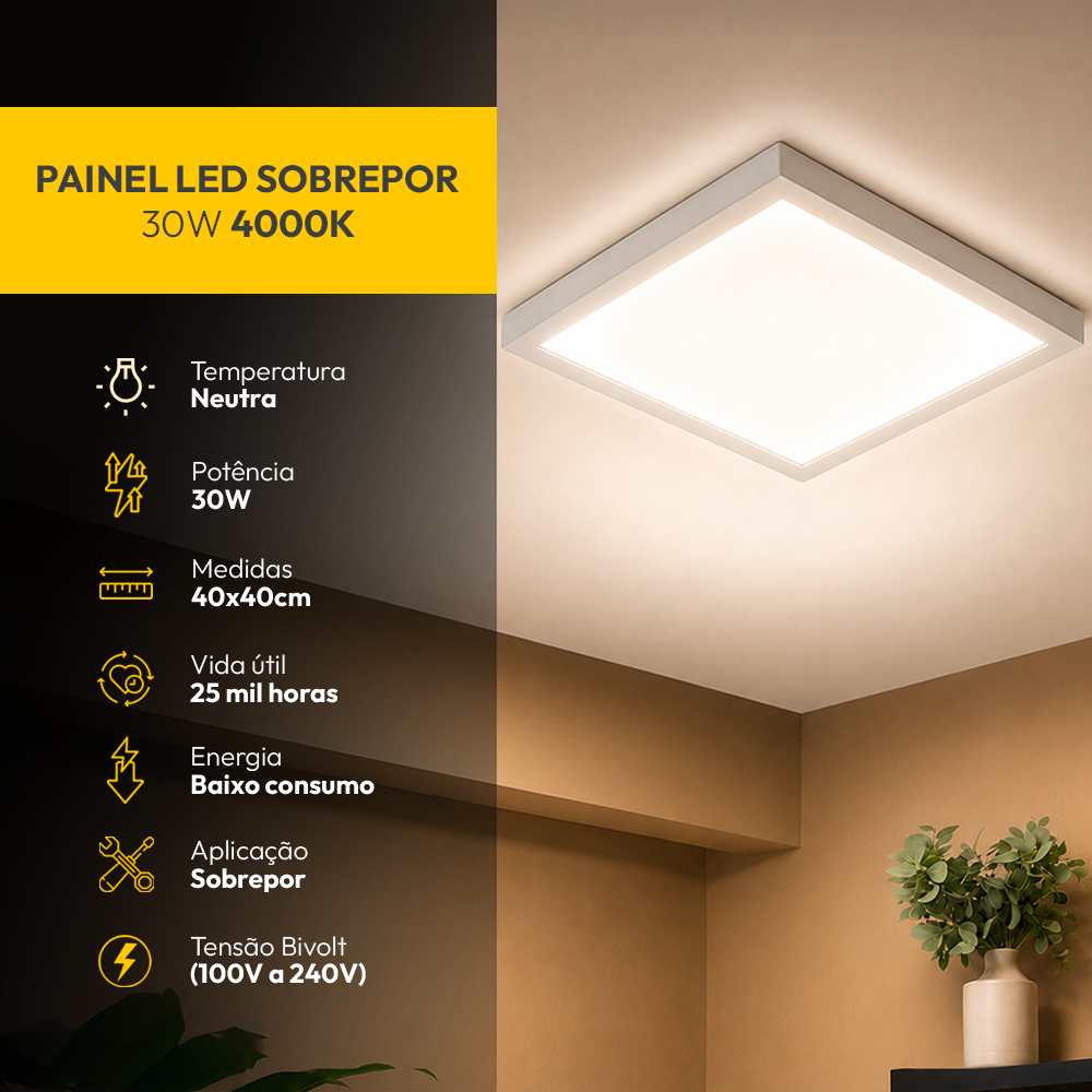 Painel Led Plafon Aluminio Sobrepor 30w 4000k Branco Neutro 40x40cm Quadrado Alut