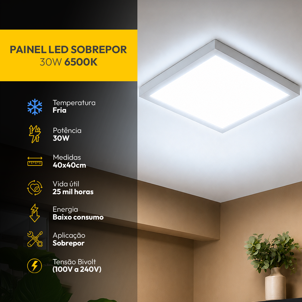 Painel Led Plafon Aluminio Sobrepor 30w 6500K Branco Frio 40x40cm Quadrado Alut