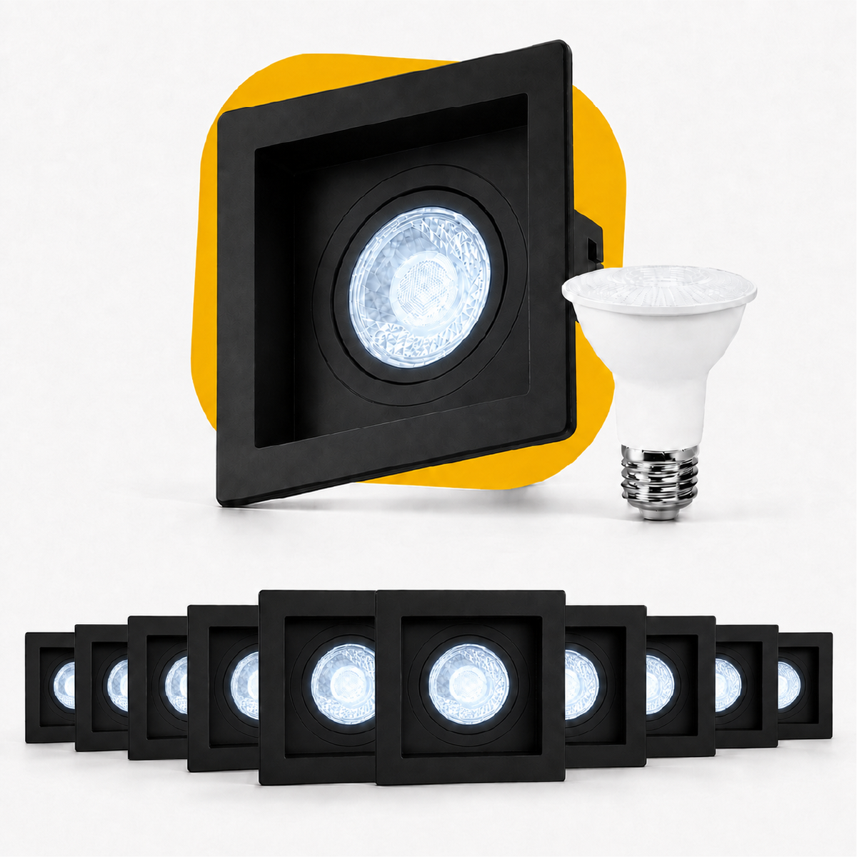 Kit 10 Spot Recuado Quadrado + Lampada Led Par20 7w 6500k Branco Frio E27 Preto Alut