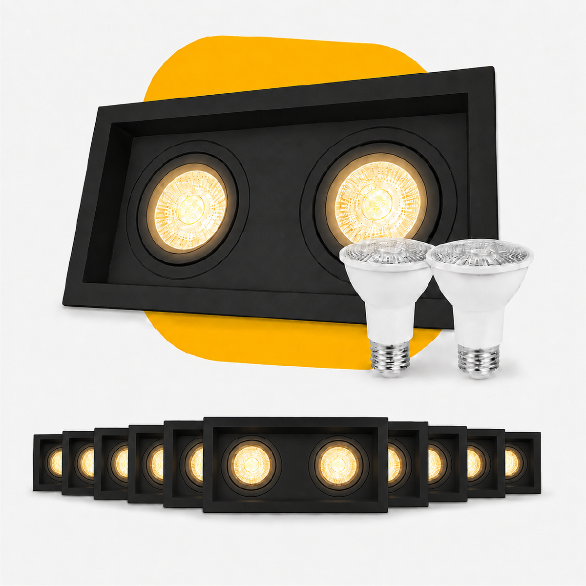 Kit 10 Spot Recuado Duplo + Lampada Led Par20 7w 3000k Branco Quente E27 Preto Alut