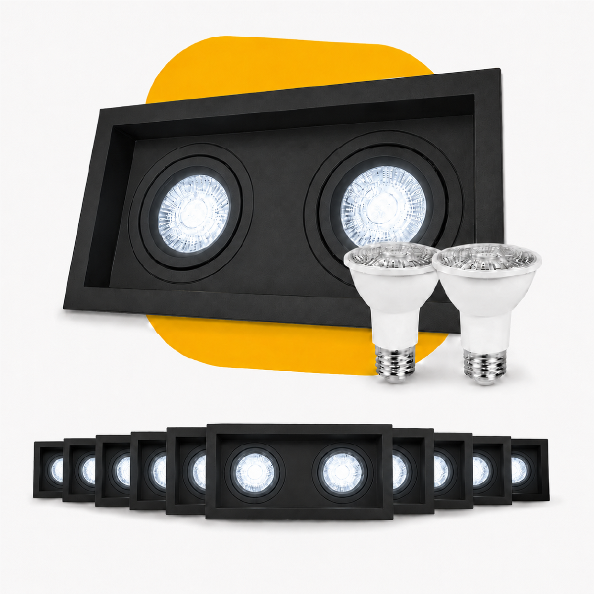 Kit 10 Spot Recuado Duplo + Lampada Led Par20 7w 6500k Branco Frio E27 Preto Alut