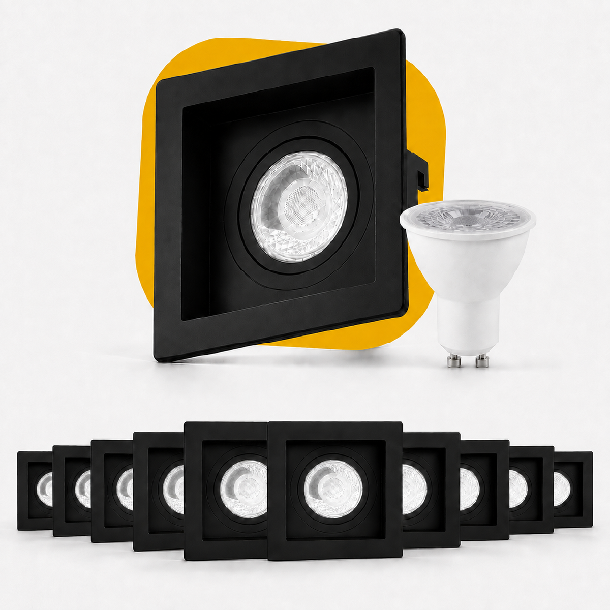 Kit 10 Spot Recuado Quadrado + Lampada Led Dicróica MR16 4,8w 4000k Branco Neutro GU10 Preto Alut
