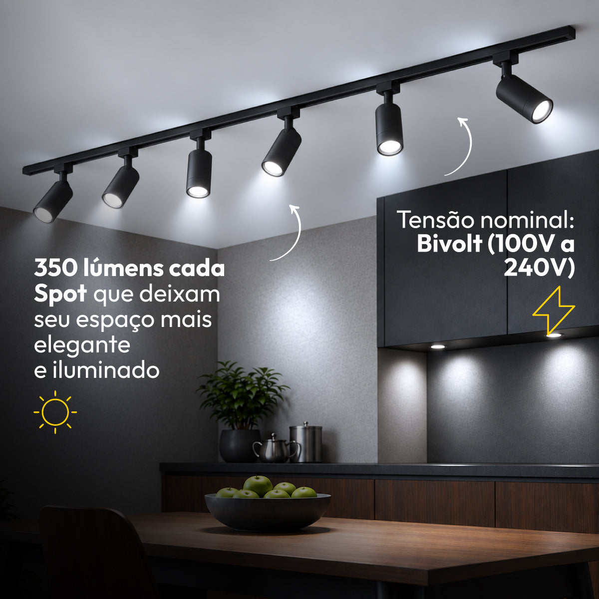 kit Trilho 2m + 6 Spots 5w 6500k Branco Frio Eletrificado Bivolt Preto Cod: ALUT-KC-00023 Alut By Avant