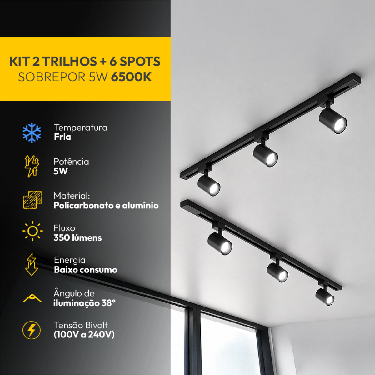 kit Trilho 2m + 6 Spots 5w 6500k Branco Frio Eletrificado Bivolt Preto Cod: ALUT-KC-00023 Alut By Avant