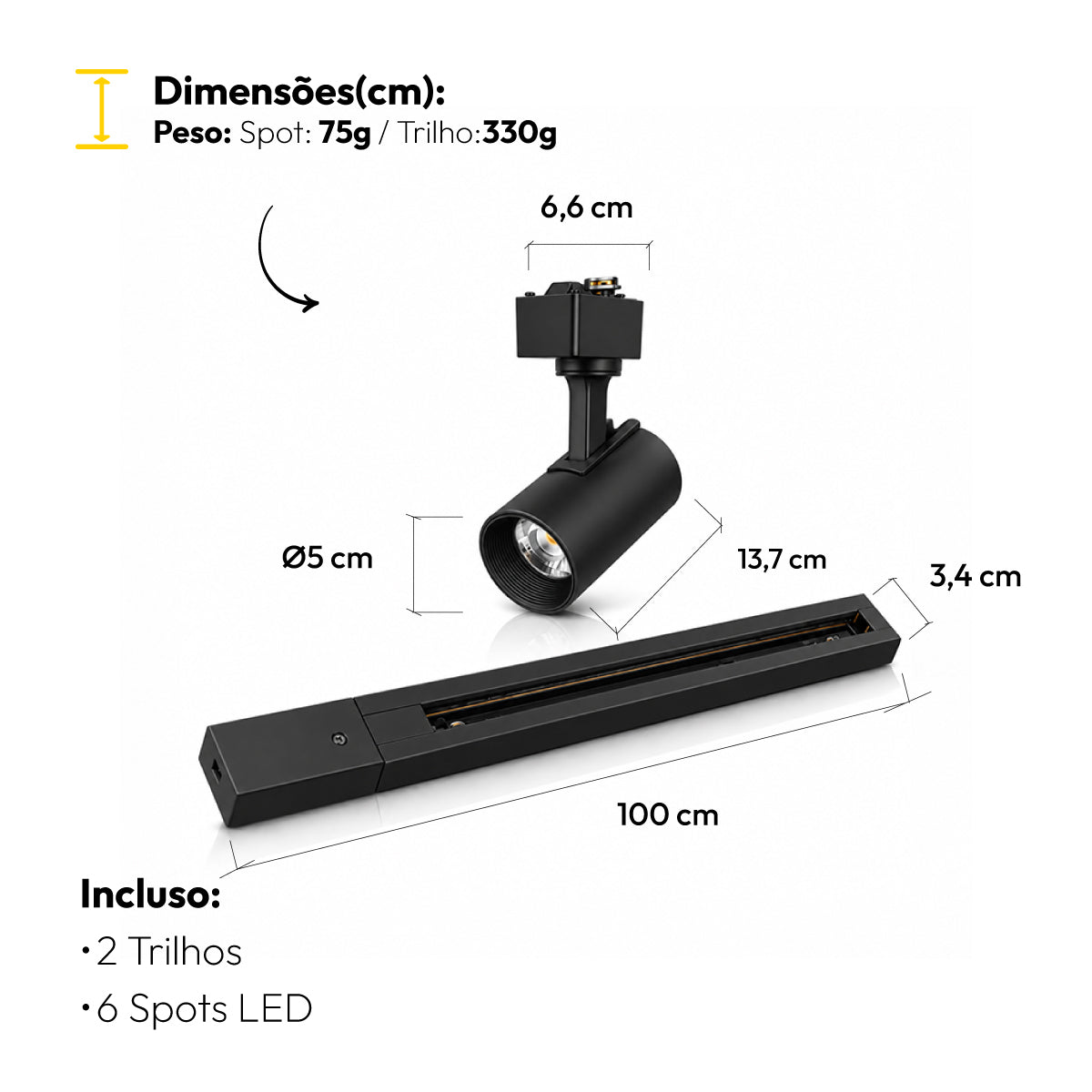 kit Trilho 2m + 6 Spots 5w 6500k Branco Frio Eletrificado Bivolt Preto Cod: ALUT-KC-00023 Alut By Avant