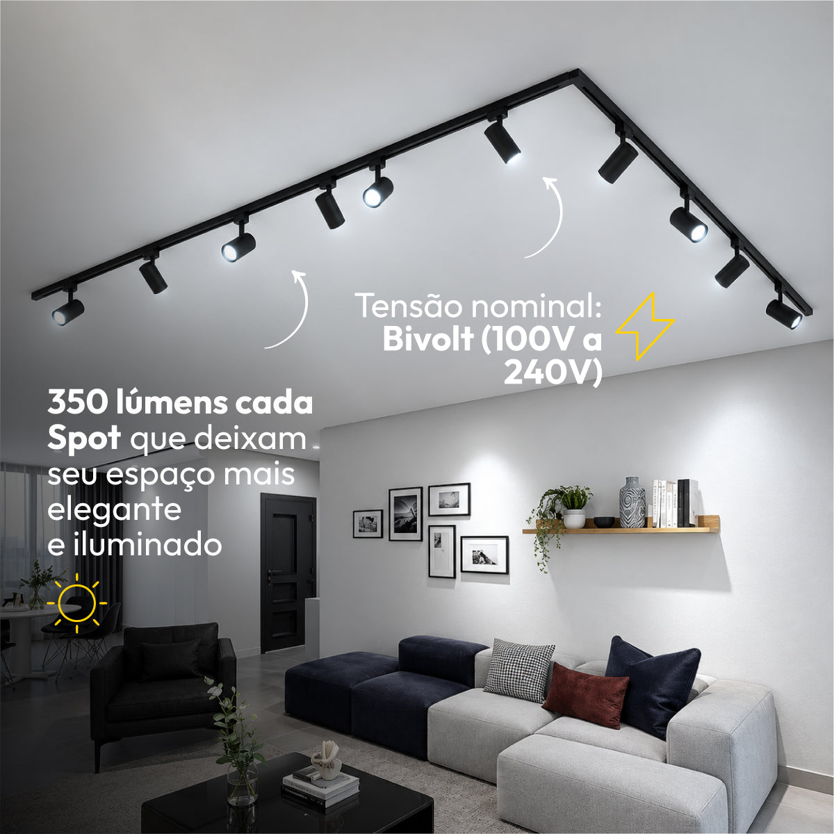 Kit Trilho 3m + 10 Spots 5w 6500k Branco Frio Eletrificado Bivolt Preto Alut