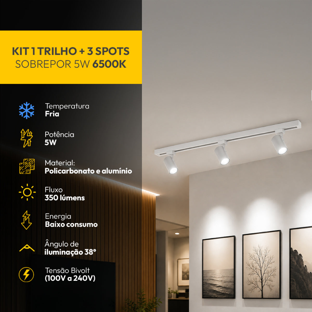 Kit Trilho 1m + 3 Spots 5w 6500k Branco Frio Eletrificado Bivolt Branco Alut