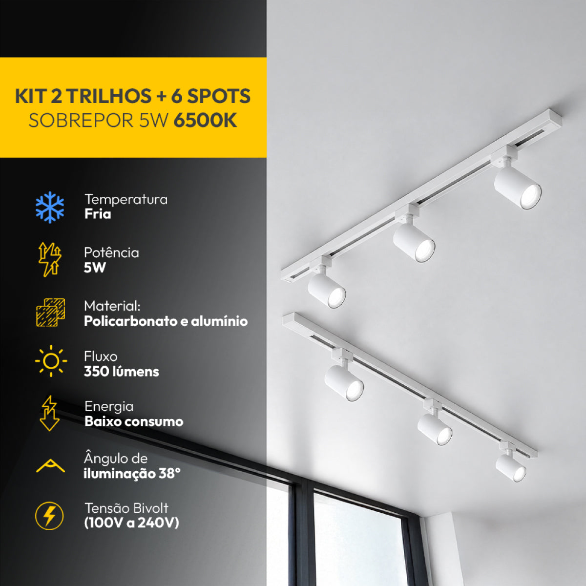 Kit Trilho 2m + 6 Spots 5w 6500k Branco Frio Eletrificado Bivolt Branco Alut