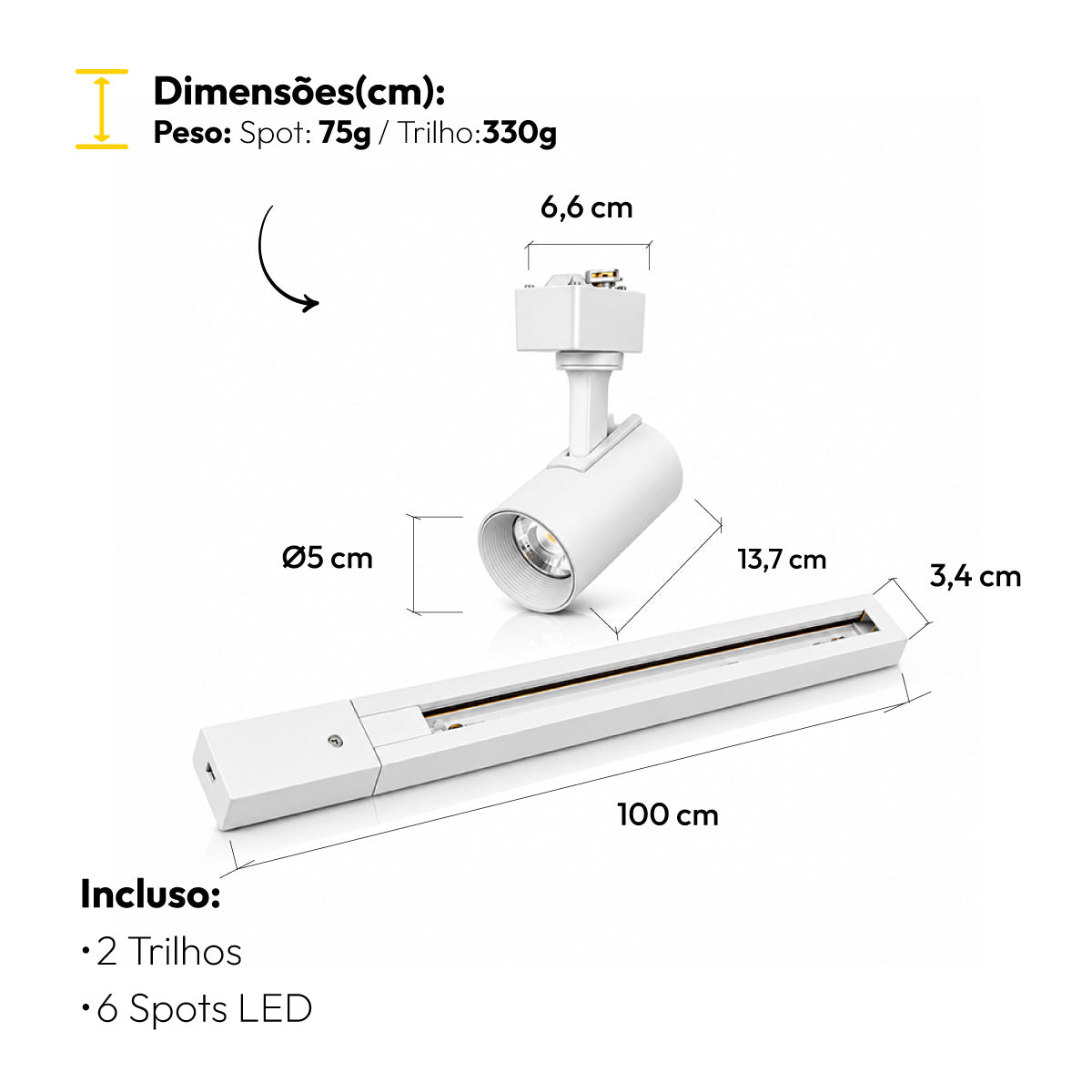 Kit Trilho 2m + 6 Spots 5w 6500k Branco Frio Eletrificado Bivolt Branco Alut