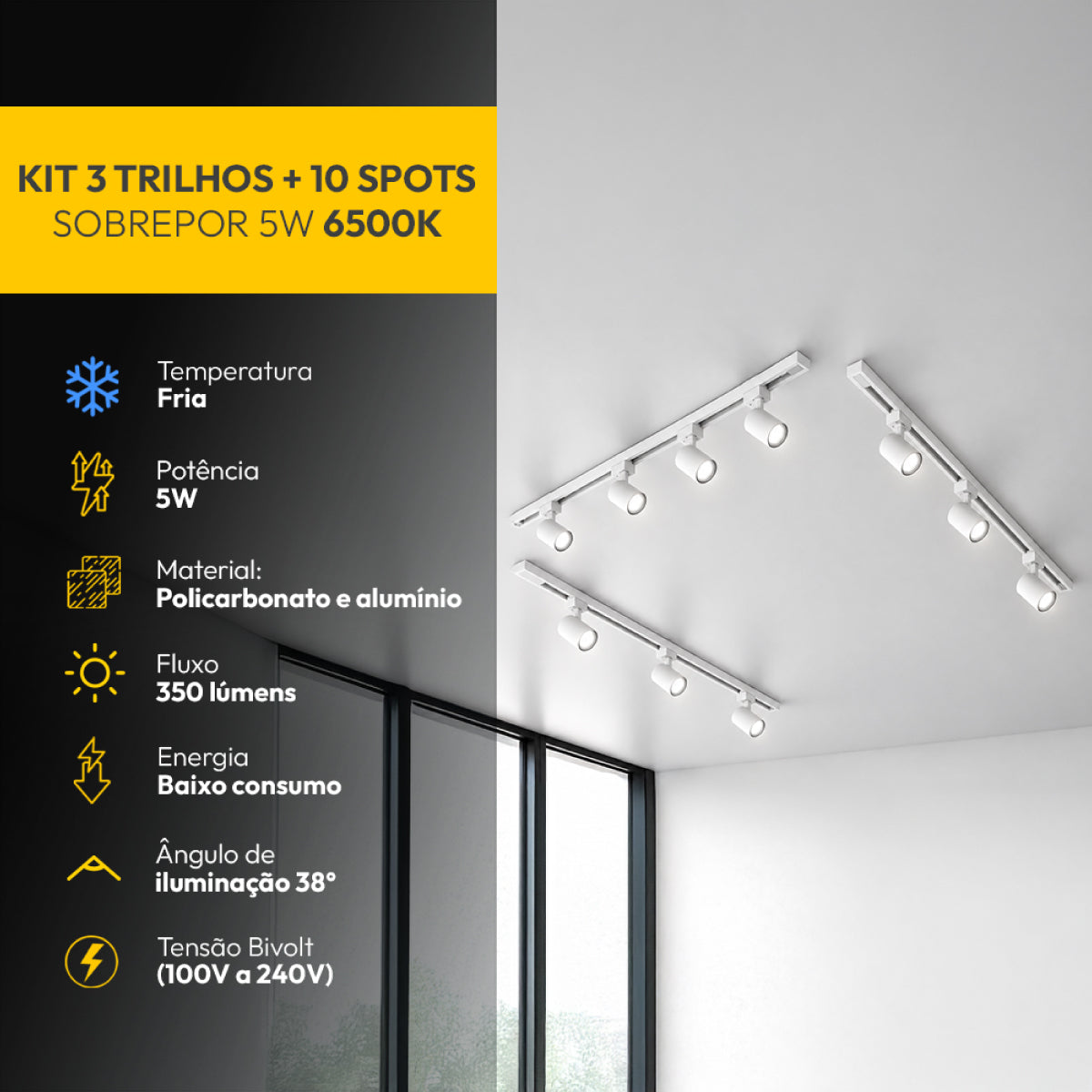 Kit Trilho 3m + 10 Spots 5w 6500k Branco Frio Eletrificado Bivolt Branco Alut