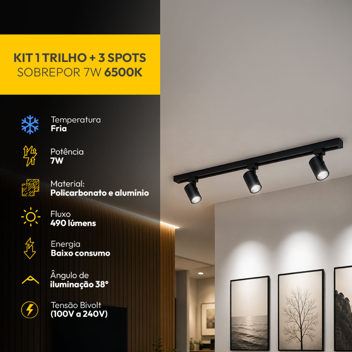 Kit Trilho 1m + 3 Spots 7w 6500k Branco Frio Eletrificado Bivolt Preto Alut