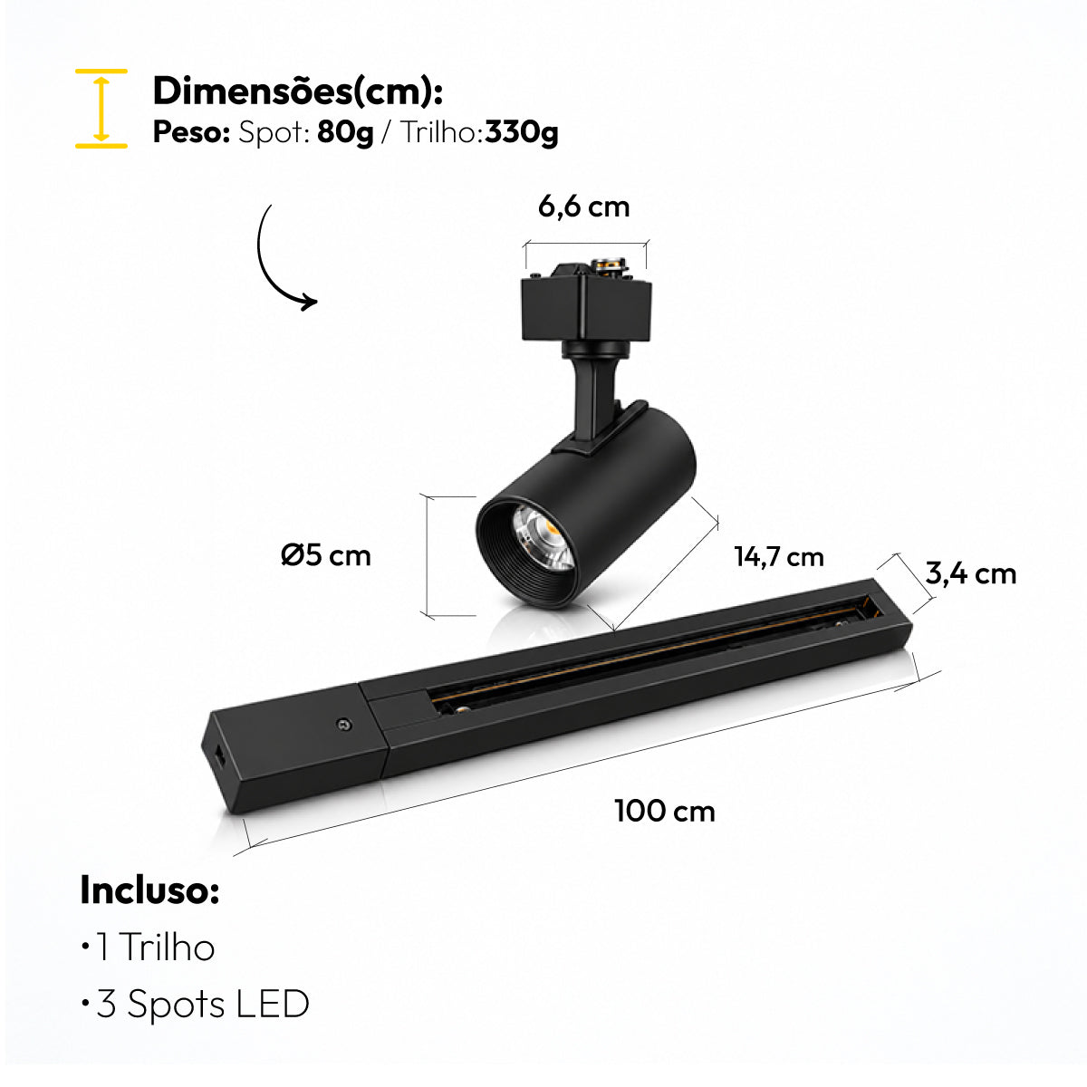 Kit Trilho 1m + 3 Spots 7w 6500k Branco Frio Eletrificado Bivolt Preto Alut