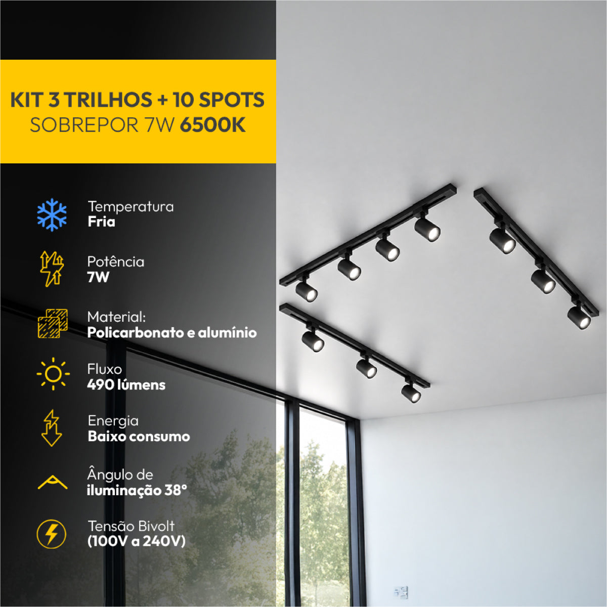 Kit Trilho 3m + 10 Spots 7w 6500k Branco Frio Eletrificado Bivolt Preto Alut
