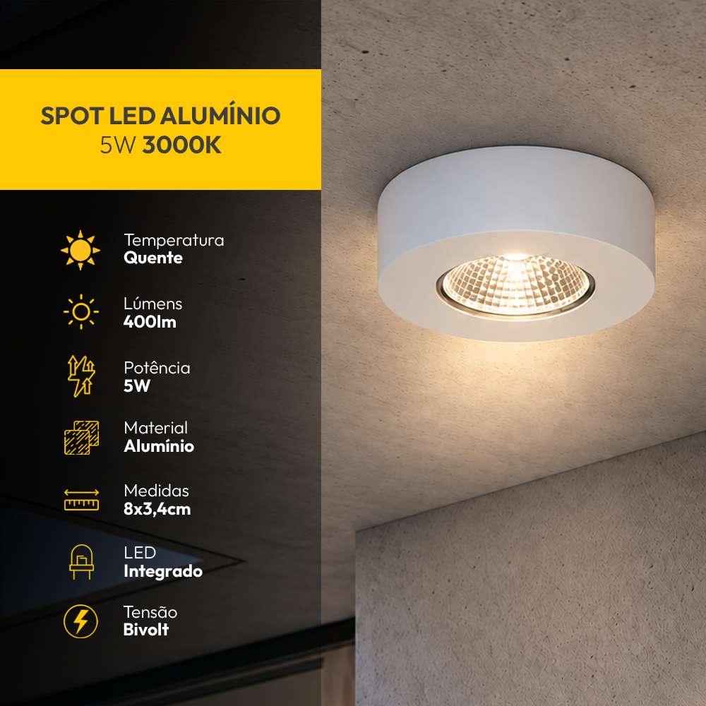 Spot Led Alumínio Beiral de teto 5w 3000k Branco Quente 8cm Bivolt Redondo Branco Alut