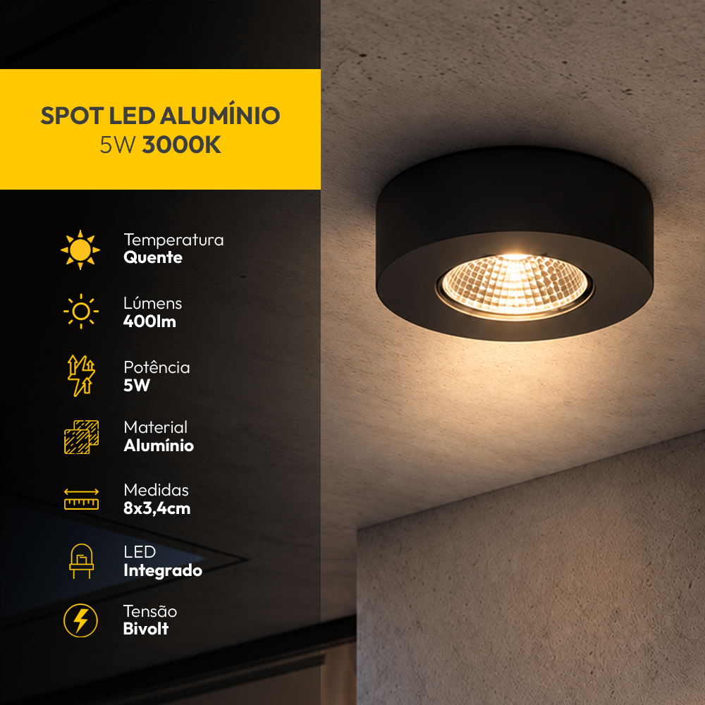 Spot Led Alumínio Beiral de teto 5w 3000k Branco Quente 8cm Bivolt Redondo Preto Alut