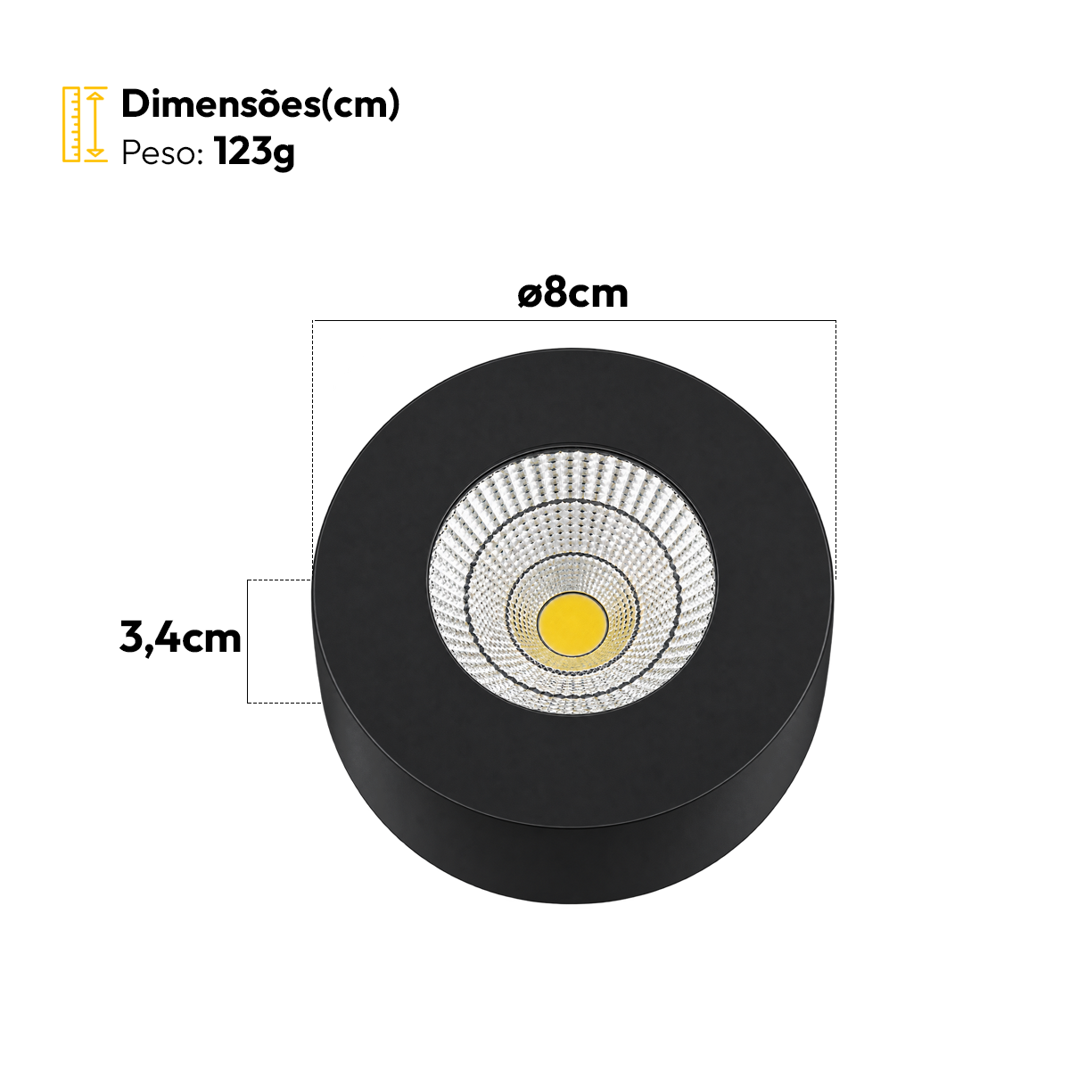 Spot Led Alumínio Beiral de teto 5w 3000k Branco Quente 8cm Bivolt Redondo Preto Alut