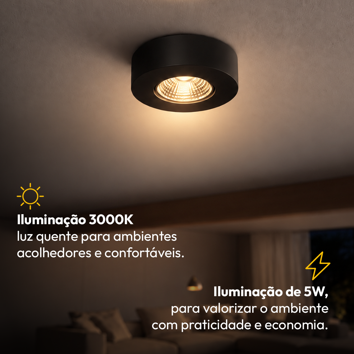 Spot Led Alumínio Beiral de teto 5w 3000k Branco Quente 8cm Bivolt Redondo Preto Alut