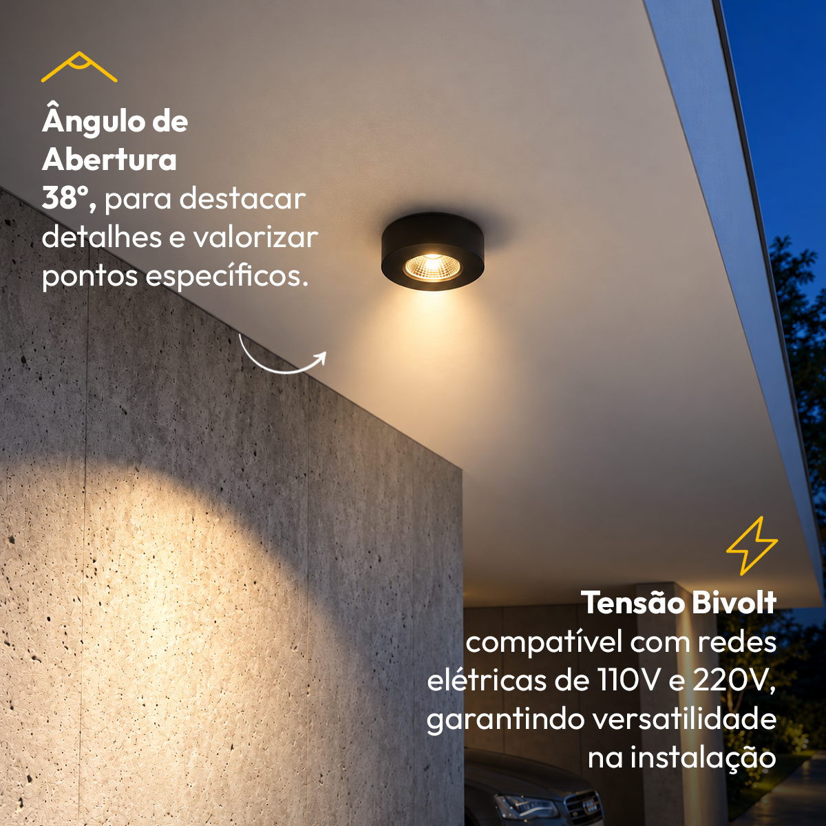 Spot Led Alumínio Beiral de teto 5w 3000k Branco Quente 8cm Bivolt Redondo Preto Alut