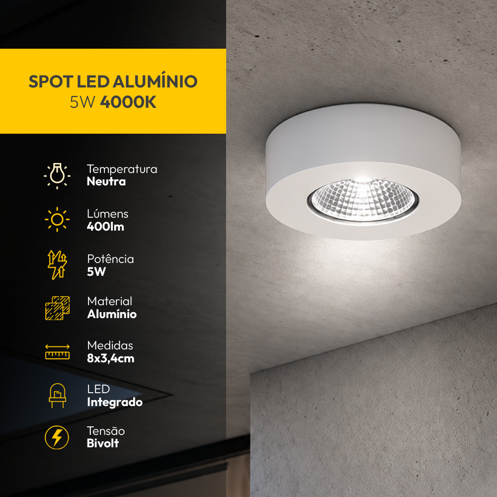 Spot Led Alumínio Beiral de teto 5w 4000k Branco Neutro 8cm Bivolt Redondo Branco Alut