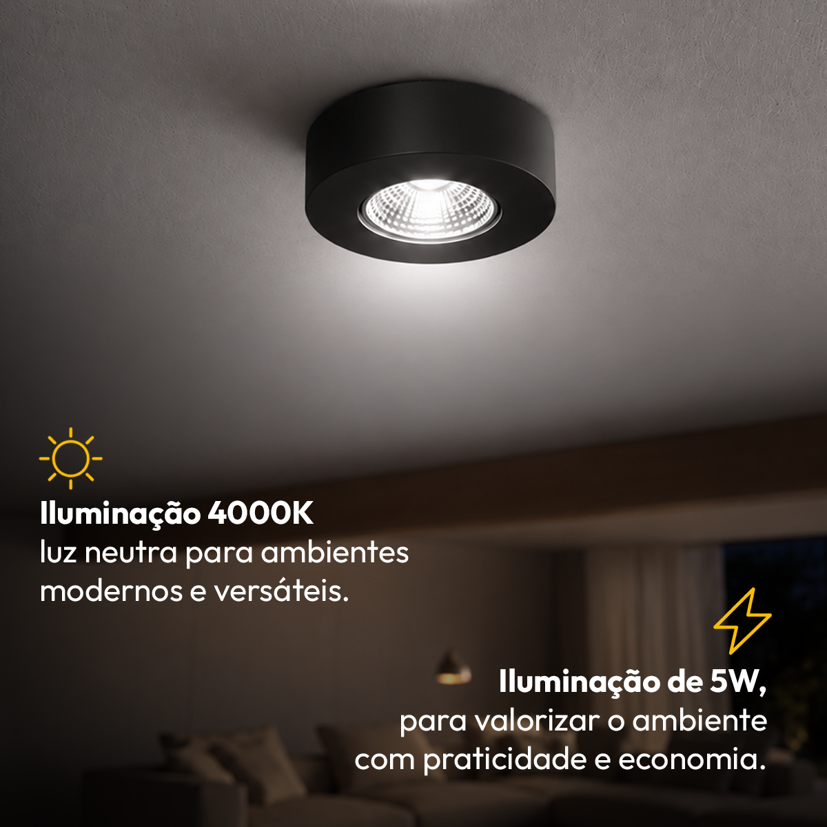 Spot Led Alumínio Beiral de Teto 5w 4000k Branco Neutro 8cm Bivolt Redondo Preto Alut