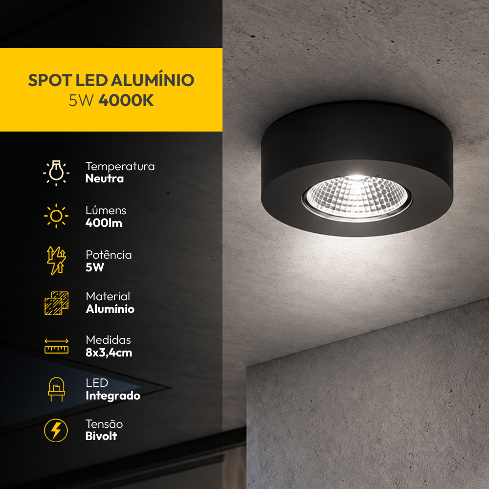 Spot Led Alumínio Beiral de Teto 5w 4000k Branco Neutro 8cm Bivolt Redondo Preto Alut