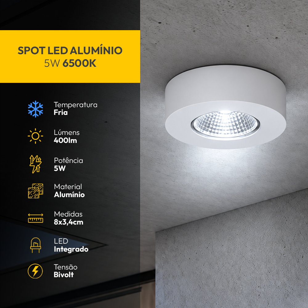 Spot Led Alumínio Beiral de teto 5w 6500k Branco Frio 8cm Bivolt Redondo Branco Alut