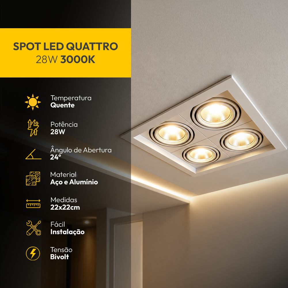 Spot Led Frame Quatto Embutir 28w 3000k Branco Quente Bivolt Branco Alut