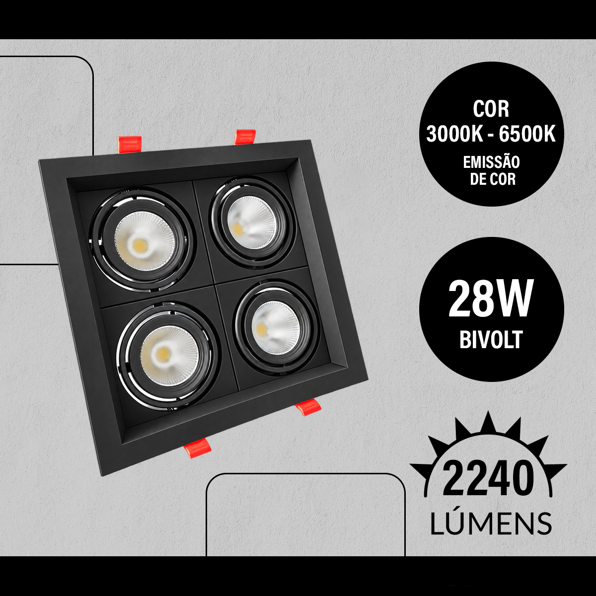 Spot Led Frame Quatto Embutir 28w 3000k Branco Quente Bivolt Preto Alut