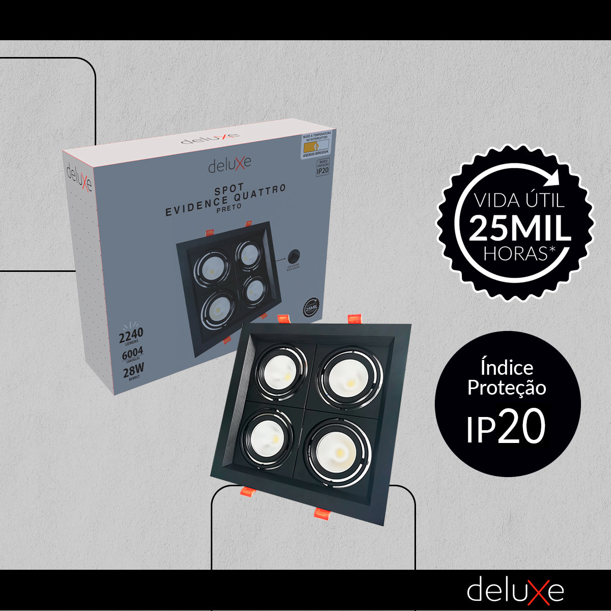 Spot Led Frame Quatto Embutir 28w 3000k Branco Quente Bivolt Preto Alut