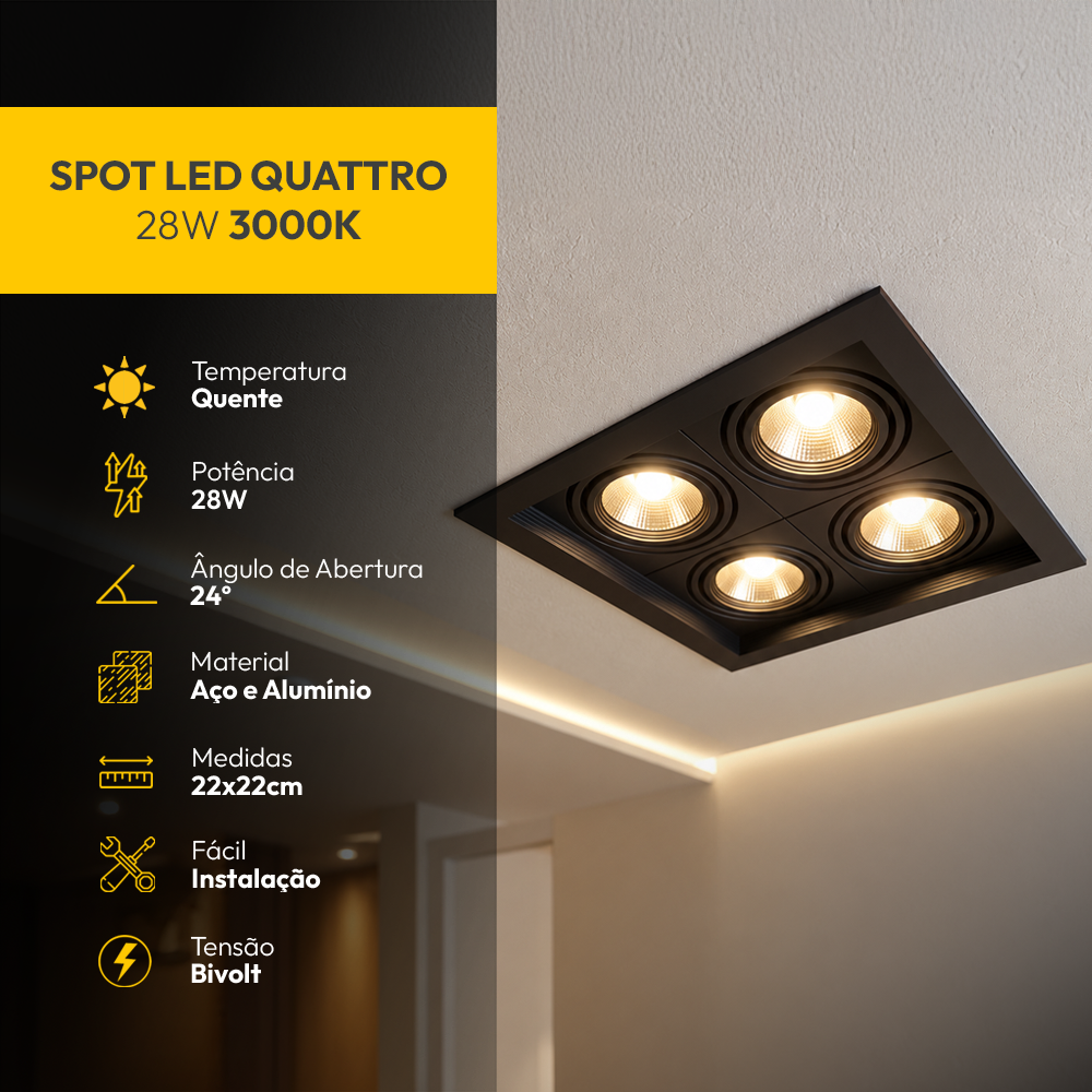 Spot Led Frame Quatto Embutir 28w 3000k Branco Quente Bivolt Preto Alut