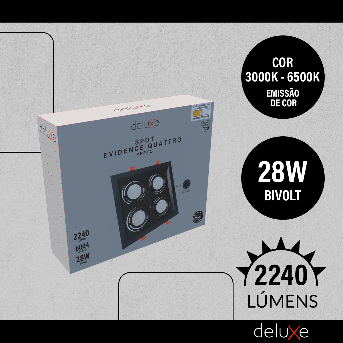 Spot Led Frame Quatto Embutir 28w 3000k Branco Quente Bivolt Preto Alut