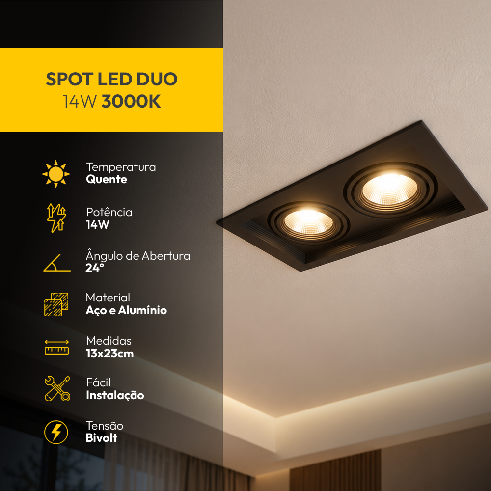Spot Led Frame Duo Embutir 14w 3000k Branco Quente Bivolt Preto Alut