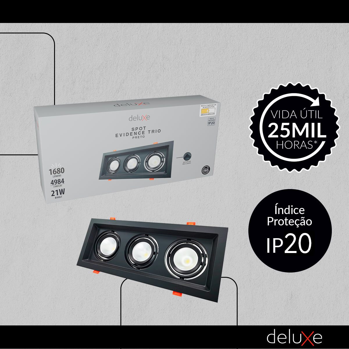 Spot Led Frame Trio Embutir 21w 3000k Branco Quente Bivolt Preto Alut