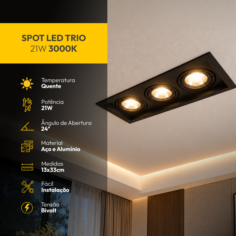 Spot Led Frame Trio Embutir 21w 3000k Branco Quente Bivolt Preto Alut