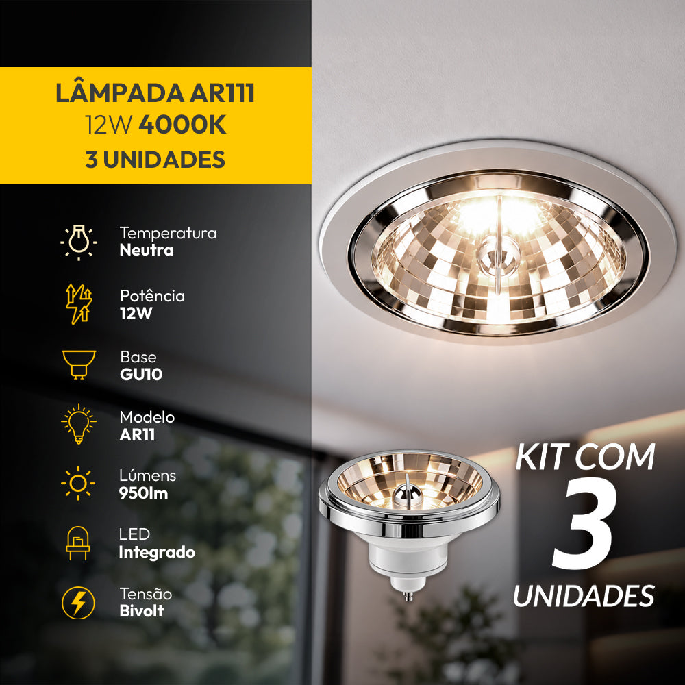 Kit 3 Lâmpada Led Ar111 12w 4000k Branco Neutro GU10 Bivolt  Branco Alut