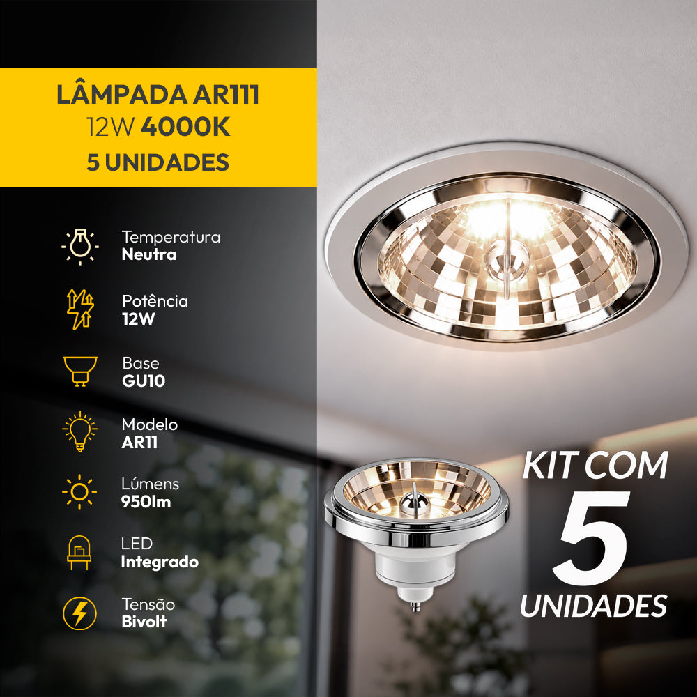 Kit 5 Lampada Led Ar111 12w 4000k Branco Neutro GU10 Bivolt Branco Alut