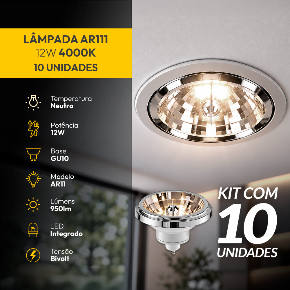 Kit 10 Lâmpada Led Ar111 12w 4000k Branco Neutro GU10 Bivolt Branco Alut