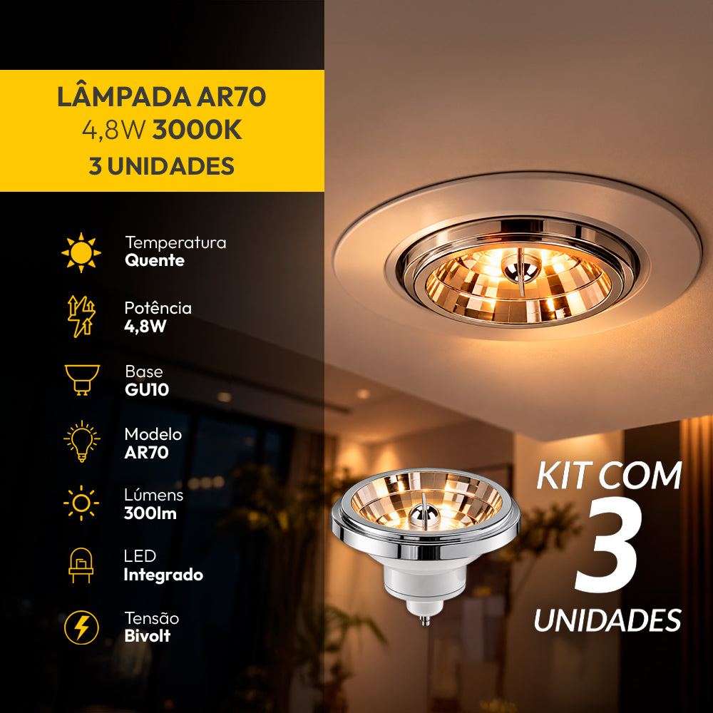 Kit 3 Lâmpada Led Ar70 4,8w 2700k Branco Quente Gu10 Bivolt  Branco Alut