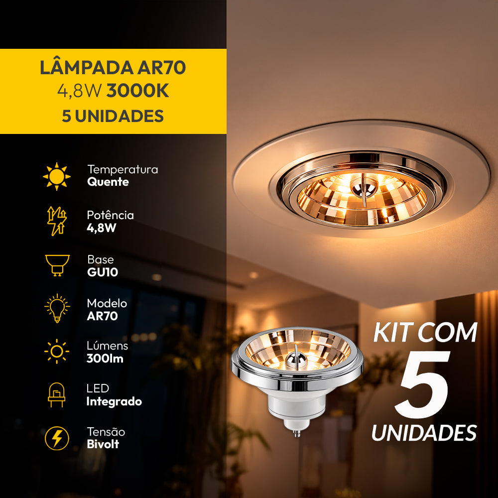 Kit 5 Lâmpadas Led Ar70 4,8w 2700k Branco Quente Gu10  Bivolt Branco Alut