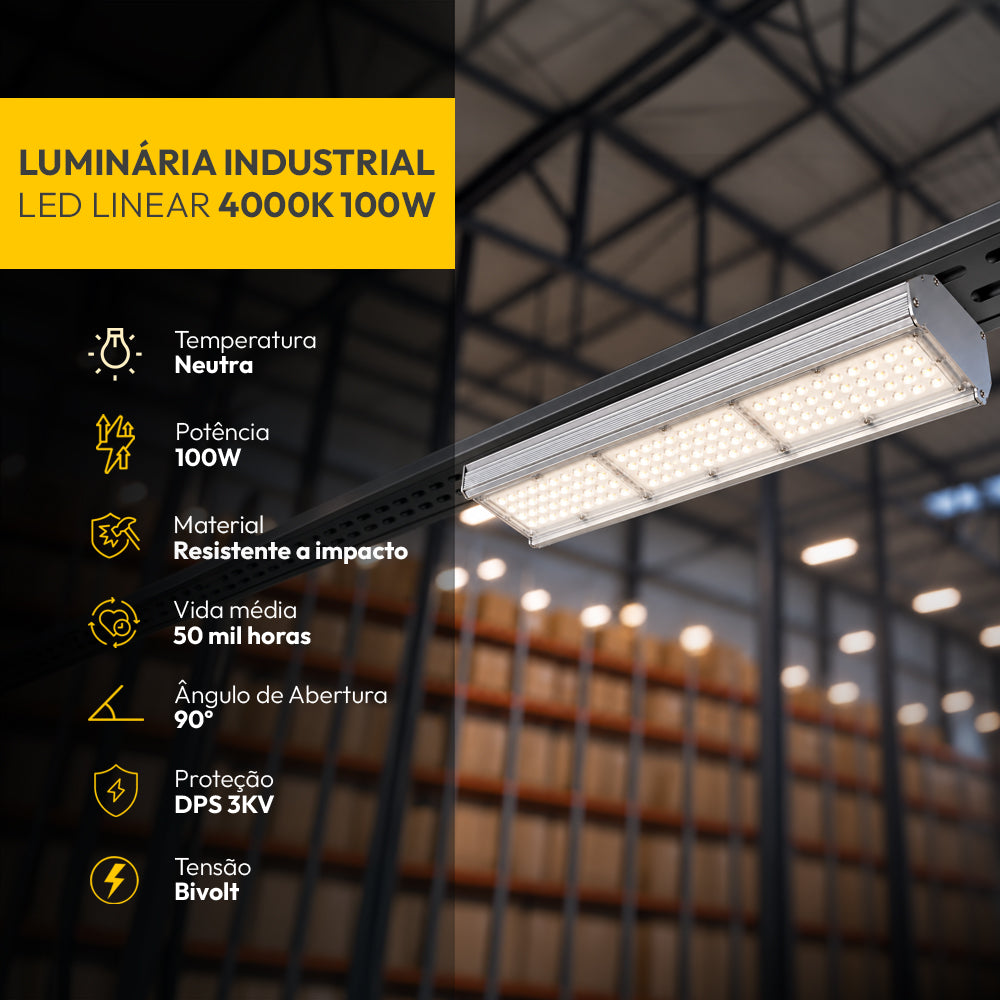 Luminária Led Industrial Linear 100W 4000K Branco Neutro 15000lm Bivolt Cinza Alut