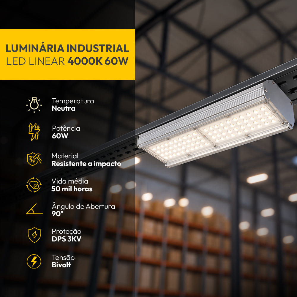 Luminária Led Industrial Linear 60w 4000K Branco Neutro 9000lm Bivolt Cinza Alut