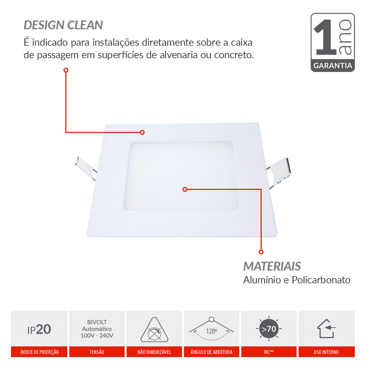 Plafon Quadrado Embutir Painel Led Alumínio 6w 12w 18w 24w 30w Branco Quente Neutro ou Frio 110v/220v Bivolt Branco