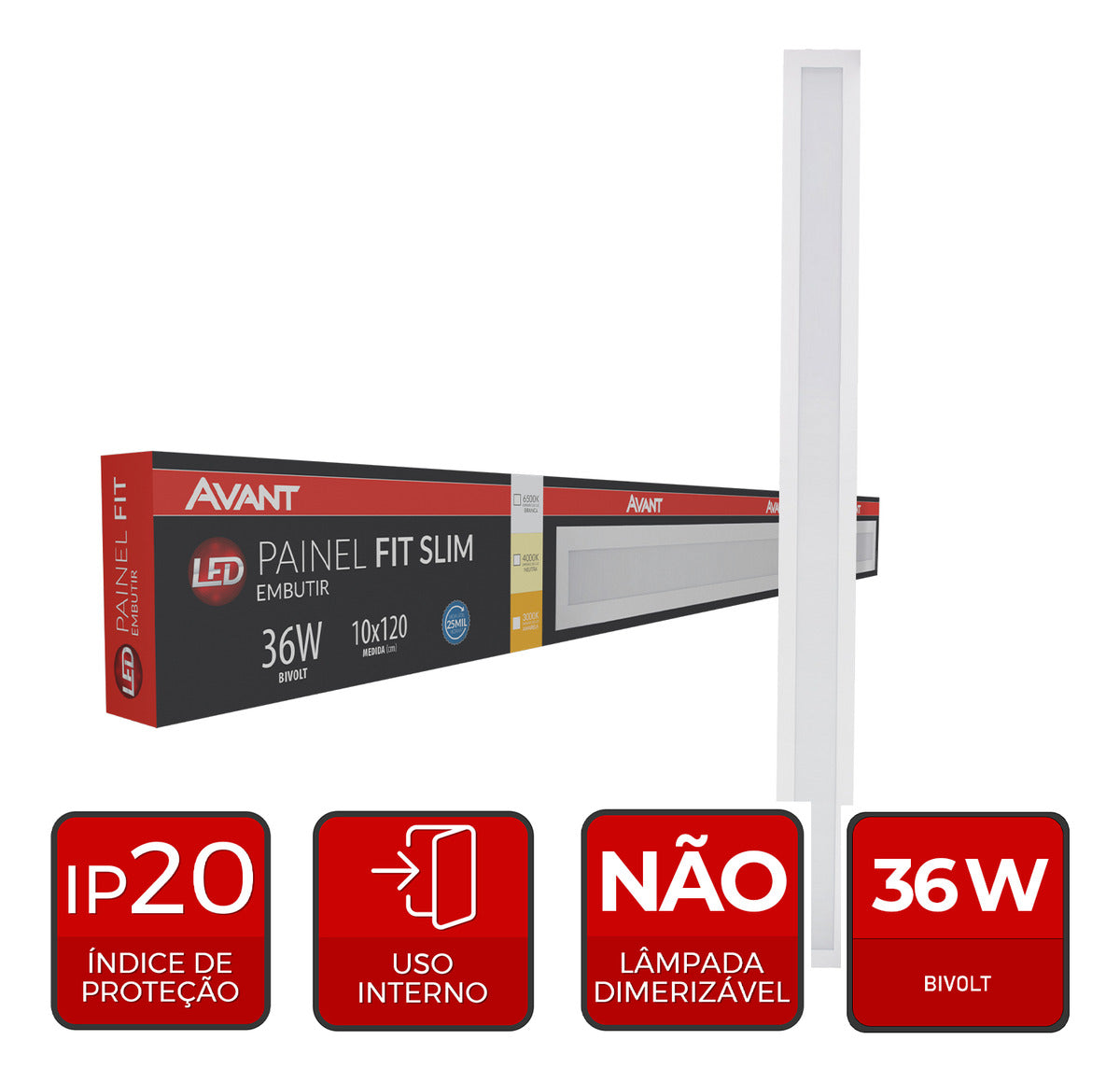 Painel Led Fit Slim Embutir 36w 3000k Branco Quente IP20 Bivolt Branco Avant