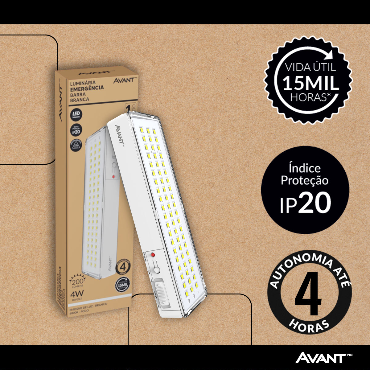 Lâmpada Led Luz Emergência Barra 4W 200lm 6000K BF garagem quintal