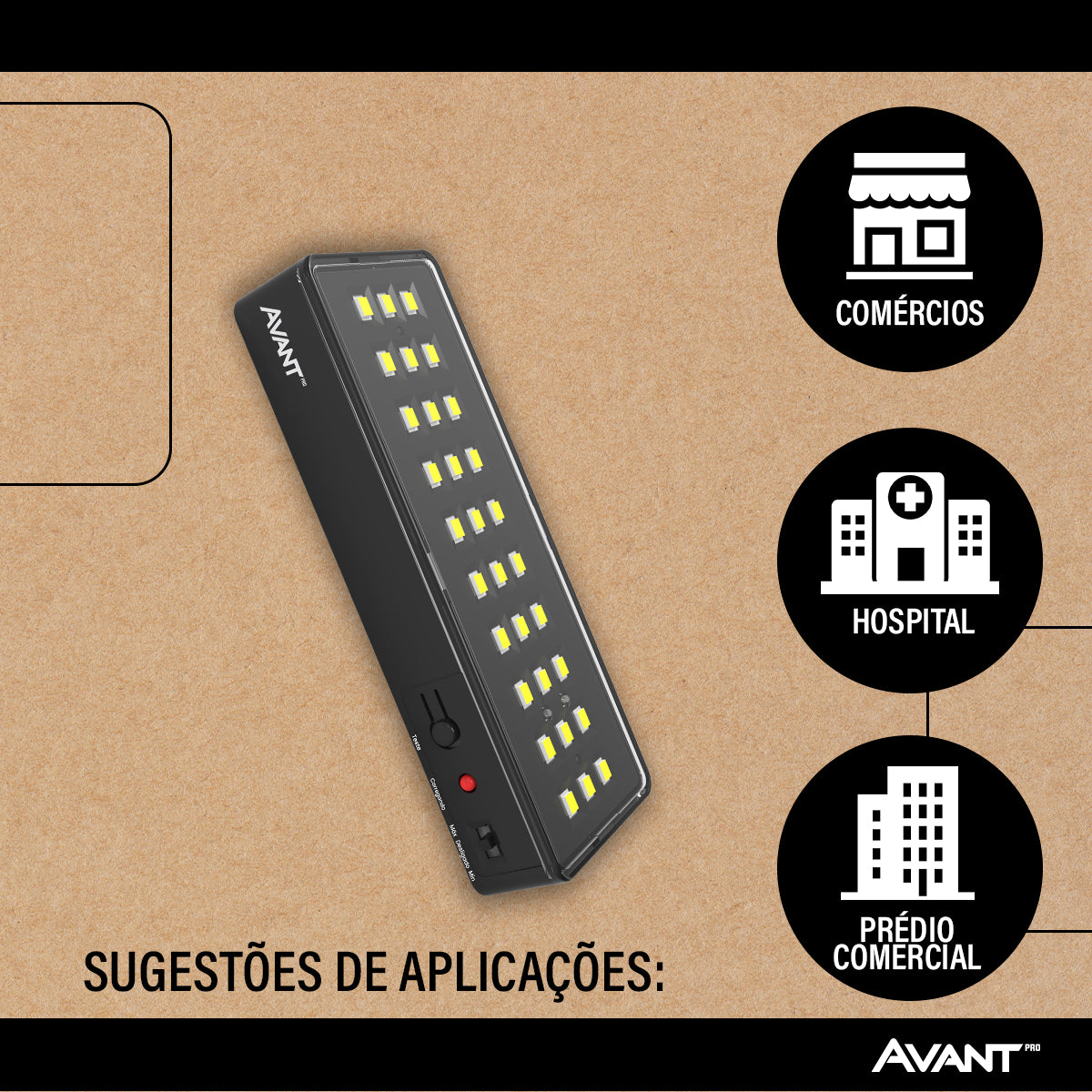 Luminária Emergência Barra 1w 100lm 6000K Branco Frio 4 Horas Bivolt Preto Avant