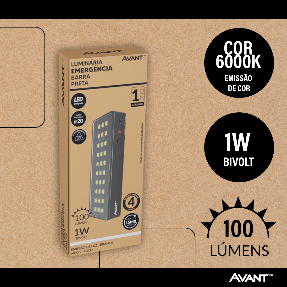 Luminária Emergência Barra 1w 100lm 6000K Branco Frio 4 Horas Bivolt Preto Avant