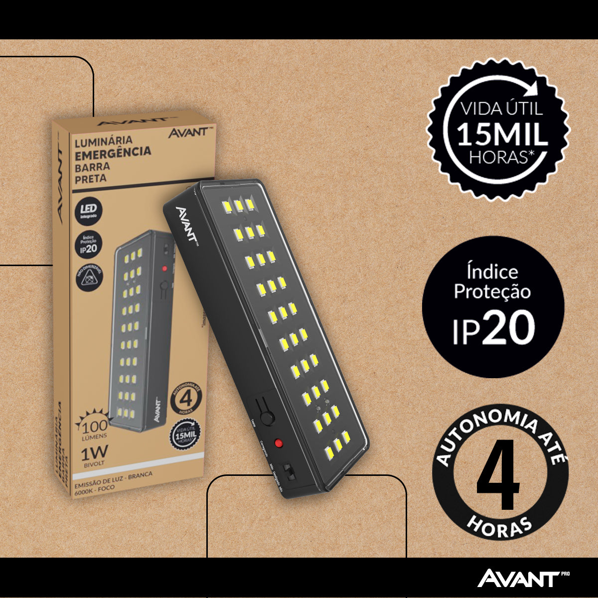Luminária Emergência Barra 1w 100lm 6000K Branco Frio 4 Horas Bivolt Preto Avant
