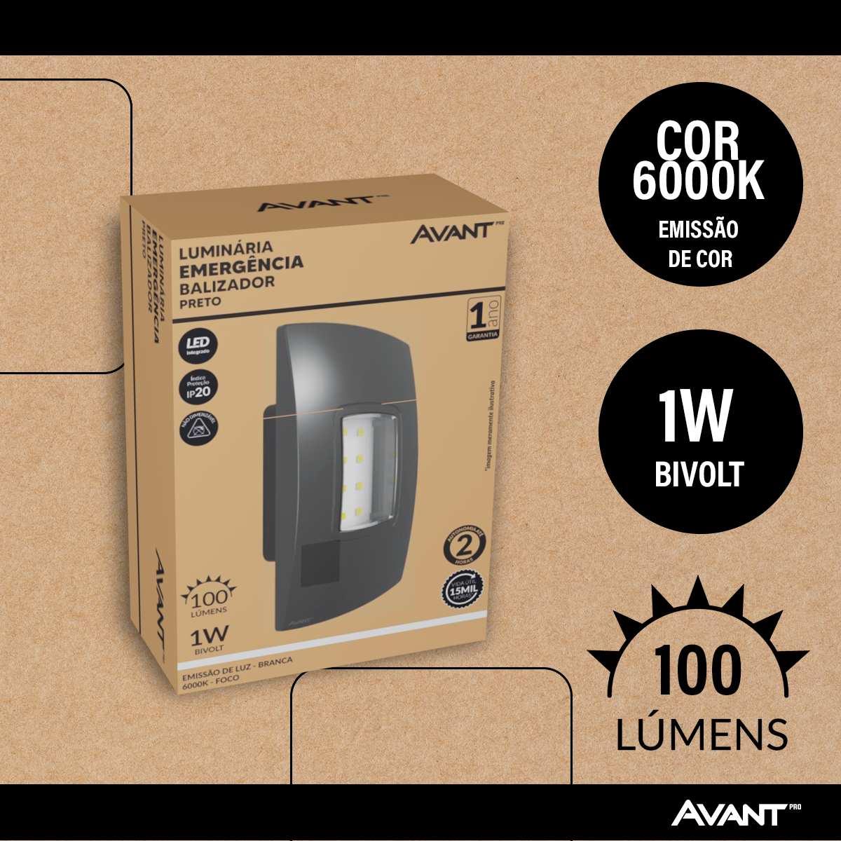Luminaria Led Emergencia Balizador 1w 6000K Branco Frio Bivolt Preto Avant
