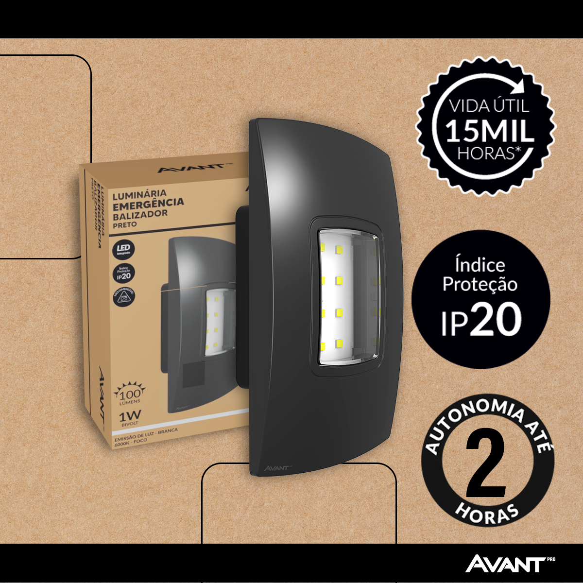 Luminaria Led Emergencia Balizador 1w 6000K Branco Frio Bivolt Preto Avant