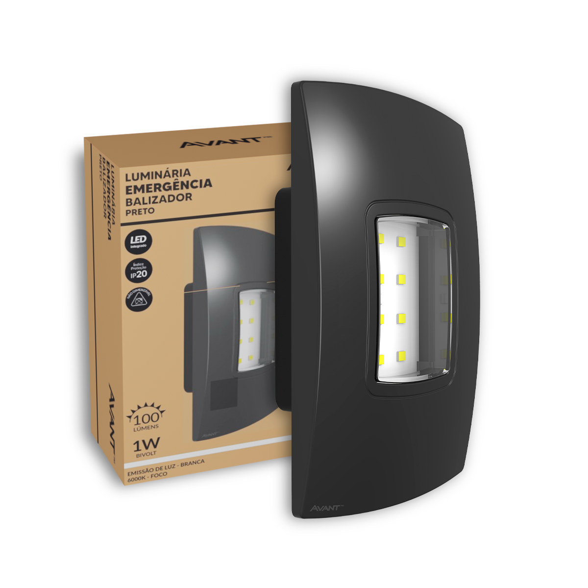 Luminaria Led Emergencia Balizador 1w 6000K Branco Frio Bivolt Preto Avant